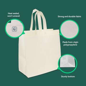 Bagways 50 PACK Reusable Grocery Bags with Handles, Durable, Foldable, Washable Eco-Friendly Shopping Totes, 14x6.5x14 Inch, Cream