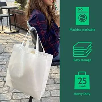 Bagways 50 PACK Reusable Grocery Bags with Handles, Durable, Foldable, Washable Eco-Friendly Shopping Totes, 14x6.5x14 Inch, Cream