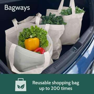 Bagways 50 PACK Reusable Grocery Bags with Handles, Durable, Foldable, Washable Eco-Friendly Shopping Totes, 14x6.5x14 Inch, Cream