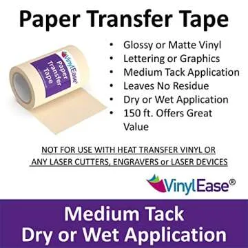 Vinyl Ease 6 inch x 150 feet roll of Paper Transfer Tape with a Medium Tack Layflat Adhesive. Works with a Variety of Vinyl. Great for Decals, Signs, Wall Words and More. V0843