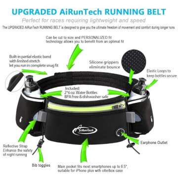 AiRunTech Hydration Running Belt with Bottles Zero Bounce Design for Running, Triathlon, Ironman, Marathon, 10K, 5K, Trail Fit for Most Smartphones(2 * 6OZ Bottle)
