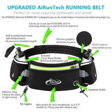 AiRunTech Hydration Running Belt with Bottles Zero Bounce Design for Running, Triathlon, Ironman, Marathon, 10K, 5K, Trail Fit for Most Smartphones(2 * 6OZ Bottle)
