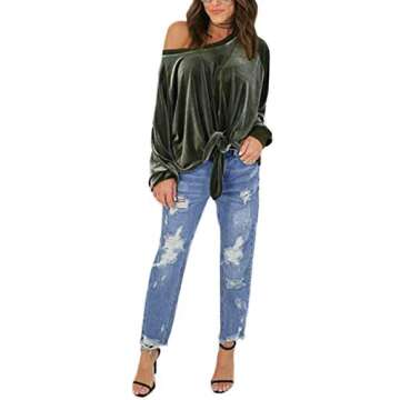 OQC Women's Solid Velvet Shirt Off Shoulder Front Tie Bandage Long Sleeve Knotted Tops Blouse Green