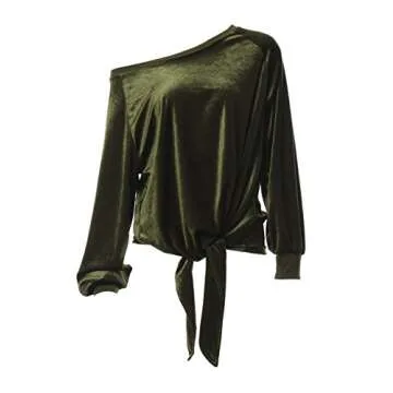 OQC Women's Solid Velvet Shirt Off Shoulder Front Tie Bandage Long Sleeve Knotted Tops Blouse Green