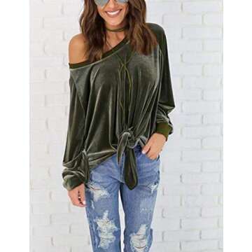 OQC Women's Solid Velvet Shirt Off Shoulder Front Tie Bandage Long Sleeve Knotted Tops Blouse Green