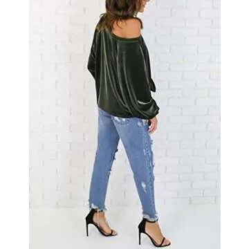 OQC Women's Solid Velvet Shirt Off Shoulder Front Tie Bandage Long Sleeve Knotted Tops Blouse Green