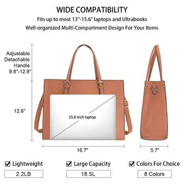 Laptop Bag for Women Waterproof Lightweight Leather 15.6 Inch Computer Tote Bag Business Office Briefcase Large Capacity Handbag Shoulder Bag Professional Office Work Bag Brown