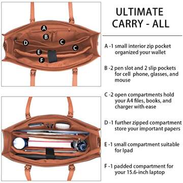 Laptop Bag for Women Waterproof Lightweight Leather 15.6 Inch Computer Tote Bag Business Office Briefcase Large Capacity Handbag Shoulder Bag Professional Office Work Bag Brown