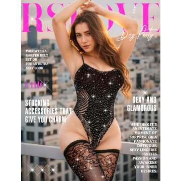 RSLOVE Women Lingerie Fishnet Teddy Bodysuit Sparkle Rhinestone Mesh Lingerie with Thigh High Stocki...