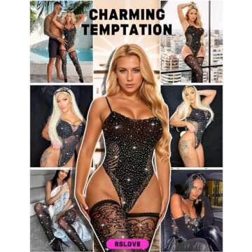 RSLOVE Women Fishnet Teddy Bodysuit with Stockings