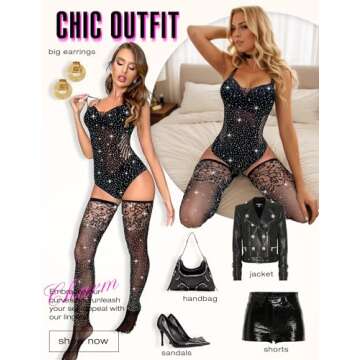 RSLOVE Women Fishnet Teddy Bodysuit with Stockings