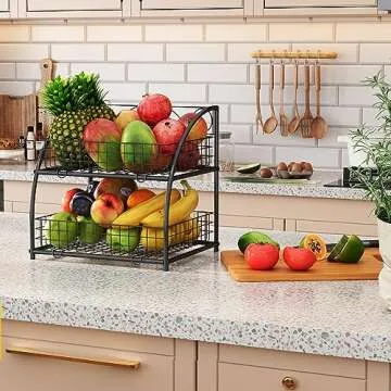 Fruit Basket for Kitchen,2 Tier Fruit and Veggie Storage Basket Holder for Kitchen Counter Countertop,Black Wire Kitchen Tiered Storage Baskets Containers Organizers for Produce Snacks Onions Potatoes