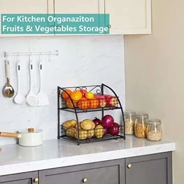 Fruit Basket for Kitchen,2 Tier Fruit and Veggie Storage Basket Holder for Kitchen Counter Countertop,Black Wire Kitchen Tiered Storage Baskets Containers Organizers for Produce Snacks Onions Potatoes