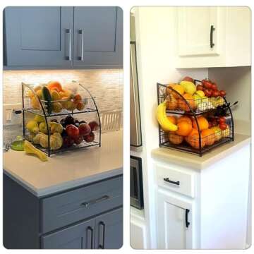 Fruit Basket for Kitchen,2 Tier Fruit and Veggie Storage Basket Holder for Kitchen Counter Countertop,Black Wire Kitchen Tiered Storage Baskets Containers Organizers for Produce Snacks Onions Potatoes