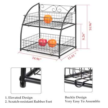 Fruit Basket for Kitchen,2 Tier Fruit and Veggie Storage Basket Holder for Kitchen Counter Countertop,Black Wire Kitchen Tiered Storage Baskets Containers Organizers for Produce Snacks Onions Potatoes