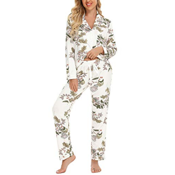 Senert Comfy Pajamas for Women 2-Piece Warm and Cozy Pj Set of Loungewear Button Front Top Pants Whi...