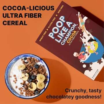 Chocolate High Fiber Cereal 18g Fiber | Gluten Free Healthy Bran Cereal | Poop Like A Champion Cocoa Cereal - Healthy Cereal with Soluble Fiber & Psyllium Husk | Non GMO | Constipation Relief