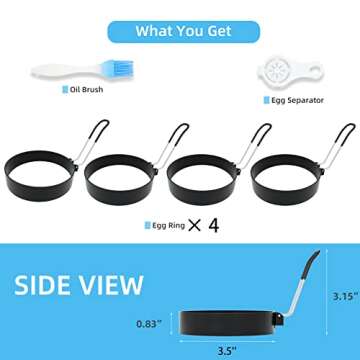 Egg Rings, 3.5 Inch Egg Cooking Rings for Griddle Frying Eggs (4 Pack Food Grade Stainless Steel Non Stick Round Egg Pancake Shaper Molds with Oil Brush and Egg Separator)