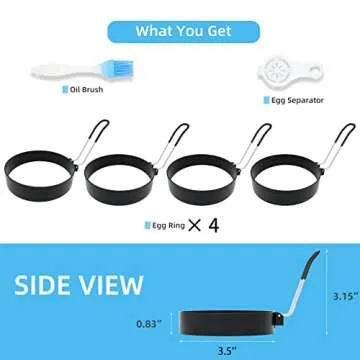 Egg Rings, 3.5 Inch Egg Cooking Rings for Griddle Frying Eggs (4 Pack Food Grade Stainless Steel Non Stick Round Egg Pancake Shaper Molds with Oil Brush and Egg Separator)