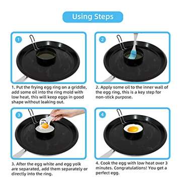 Egg Rings, 3.5 Inch Egg Cooking Rings for Griddle Frying Eggs (4 Pack Food Grade Stainless Steel Non Stick Round Egg Pancake Shaper Molds with Oil Brush and Egg Separator)
