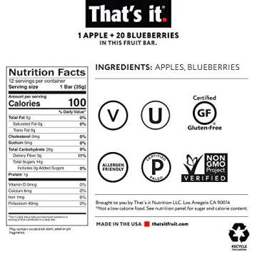 That's it Apple 100% Natural Real Fruit Bar, Best High Fiber Vegan, Gluten Free Healthy Snack, Paleo...