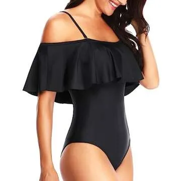 Tempt Me Women's Black Off Shoulder One Piece Swimsuits Flounce Ruffle Bathing Suits L