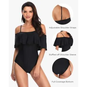 Tempt Me Women's Black Off Shoulder One Piece Swimsuits Flounce Ruffle Bathing Suits L