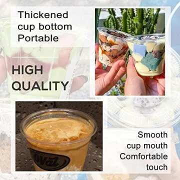 Qyyiguf 50 Pcs 9 Oz Reusable Plastic Dessert Cups with Flat Lids,Cold Party Drinking Cups for Coffee,Fruit,Ice Cream,Iced Cold Drinks,BBQ,Thanksgiving,Halloween,Juice Party(No Hole)