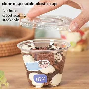 Qyyiguf 50 Pcs 9 Oz Reusable Plastic Dessert Cups with Flat Lids,Cold Party Drinking Cups for Coffee,Fruit,Ice Cream,Iced Cold Drinks,BBQ,Thanksgiving,Halloween,Juice Party(No Hole)