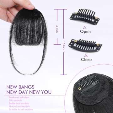 ELEFOCUS Clip in Bangs 100% Real Human Hair Extensions Wispy Natural Black Fake Bangs Hair Clip on b...