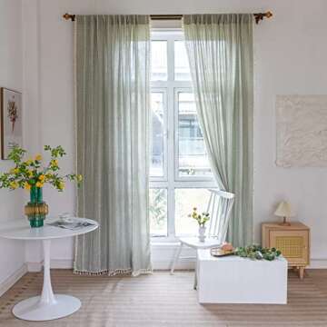 RoomTalks Sage Green Boho Farmhouse Curtains 84 Inch Length - Chic Drapery with Tassel Design