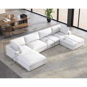 PaPaJet Modular Sectional Sofa, 152 Inches Down Filled Sectional Sofa, 6 Seats U Shaped Cloud Couch with Chaise, Ottoman, Oversized Couch for Living Room, White Linen Couch Set