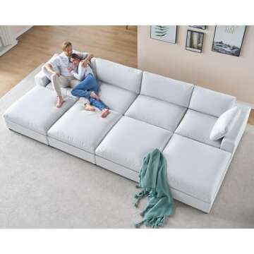 PaPaJet Modular Sectional Sofa, 152 Inches Down Filled Sectional Sofa, 6 Seats U Shaped Cloud Couch with Chaise, Ottoman, Oversized Couch for Living Room, White Linen Couch Set