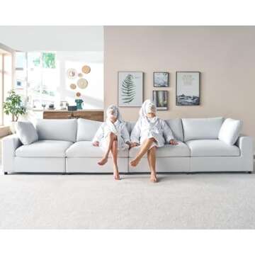 PaPaJet Modular Sectional Sofa, 152 Inches Down Filled Sectional Sofa, 6 Seats U Shaped Cloud Couch with Chaise, Ottoman, Oversized Couch for Living Room, White Linen Couch Set