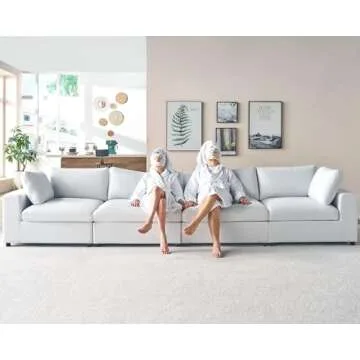 PaPaJet Modular Sectional Sofa, 152 Inches Down Filled Sectional Sofa, 6 Seats U Shaped Cloud Couch with Chaise, Ottoman, Oversized Couch for Living Room, White Linen Couch Set
