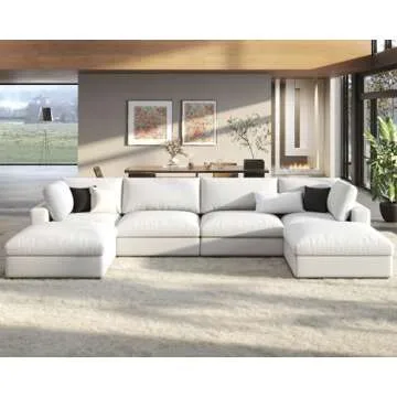 PaPaJet Modular Sectional Sofa, 152 Inches Down Filled Sectional Sofa, 6 Seats U Shaped Cloud Couch with Chaise, Ottoman, Oversized Couch for Living Room, White Linen Couch Set
