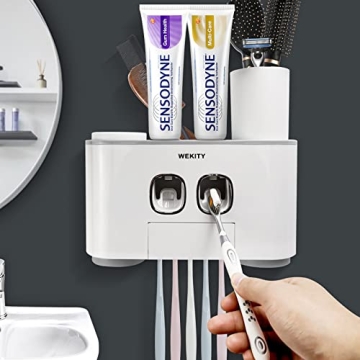 Toothbrush Holder Wall Mounted, WEKITY Multi-Functional Toothbrush and Toothpaste Dispenser for Bath...