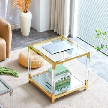 Glass End Table Modern Gold Living Room Table Acrylic Mirror Sofa Side Table 1 Pcs, Luxury Stainless Steel Square Clear Tempered Glass Small Corner Table
