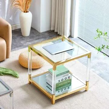 Glass End Table Modern Gold Living Room Table Acrylic Mirror Sofa Side Table 1 Pcs, Luxury Stainless Steel Square Clear Tempered Glass Small Corner Table