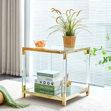 Glass End Table Modern Gold Living Room Table Acrylic Mirror Sofa Side Table 1 Pcs, Luxury Stainless Steel Square Clear Tempered Glass Small Corner Table