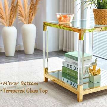 Glass End Table Modern Gold Living Room Table Acrylic Mirror Sofa Side Table 1 Pcs, Luxury Stainless Steel Square Clear Tempered Glass Small Corner Table