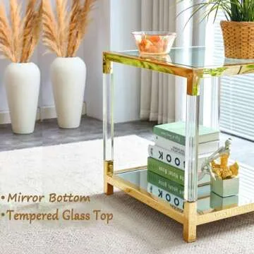 Glass End Table Modern Gold Living Room Table Acrylic Mirror Sofa Side Table 1 Pcs, Luxury Stainless Steel Square Clear Tempered Glass Small Corner Table