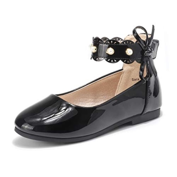 PANDANINJIA Girls Black Dress Shoes Flower Girl Flats Pearls Ballet Bow Mary Jane Ankle Strap Sara W...