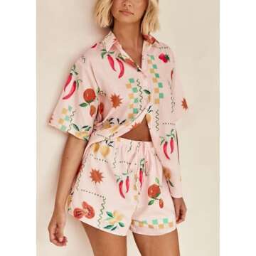 Women 2 Piece Floral Pajamas Lounge Set Y2K Short Sleeve Shirt Wide Leg Short Pants Sleepwear Pj Matching Sets(Pepper,Large