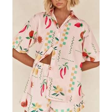 Women 2 Piece Floral Pajamas Lounge Set Y2K Short Sleeve Shirt Wide Leg Short Pants Sleepwear Pj Matching Sets(Pepper,Large