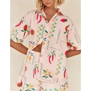 Women 2 Piece Floral Pajamas Lounge Set Y2K Short Sleeve Shirt Wide Leg Short Pants Sleepwear Pj Matching Sets(Pepper,Large