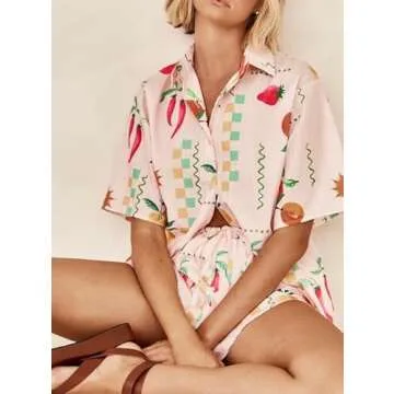 Women 2 Piece Floral Pajamas Lounge Set Y2K Short Sleeve Shirt Wide Leg Short Pants Sleepwear Pj Matching Sets(Pepper,Large