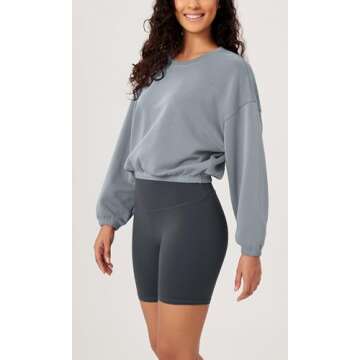 ODODOS Women's Modal Soft Gathered Cropped Sweatshirts Long Sleeve Elastic Hem Crew Neck Pullover Tops, Grey Blue, X-Small