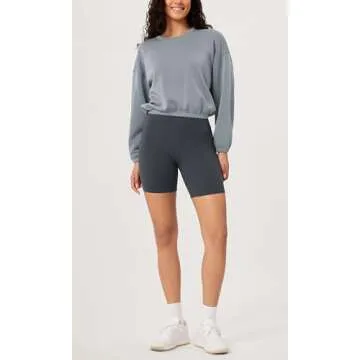 ODODOS Women's Modal Soft Gathered Cropped Sweatshirts Long Sleeve Elastic Hem Crew Neck Pullover Tops, Grey Blue, X-Small