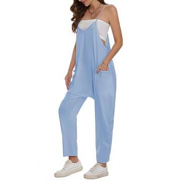Komorebi Jumpsuits for Women Sleeveless Casual Summer Rompers Loose Spaghetti Strap V Neck Overalls Jumpers with Pockets 2023